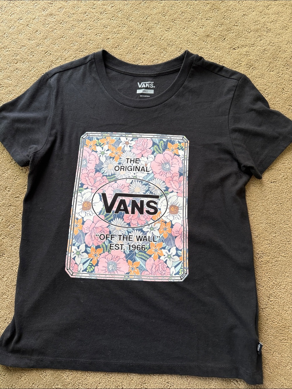 Vans women’s black graphic tee, floral, size small
